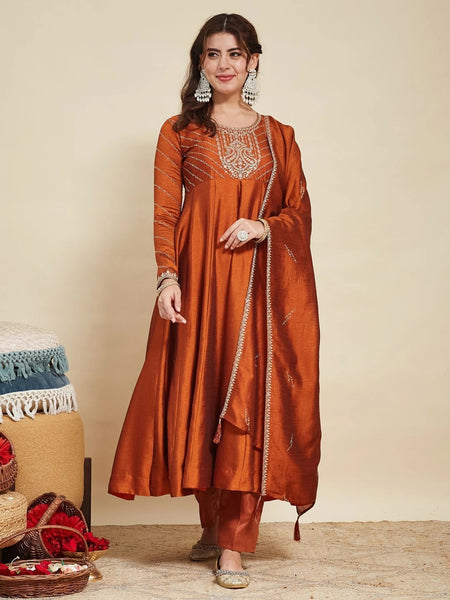 Women Embroidere Silk Straight Kurta Pant Set With Silk Dupatta