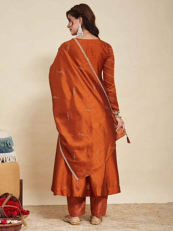 Women Embroidere Silk Straight Kurta Pant Set With Silk Dupatta