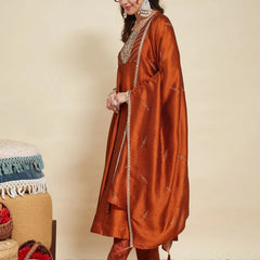 Women Embroidere Silk Straight Kurta Pant Set With Silk Dupatta