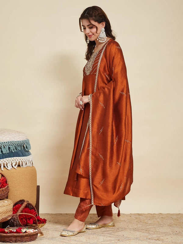 Women Embroidere Silk Straight Kurta Pant Set With Silk Dupatta