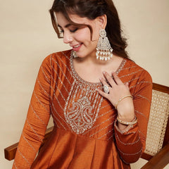 Women Embroidere Silk Straight Kurta Pant Set With Silk Dupatta