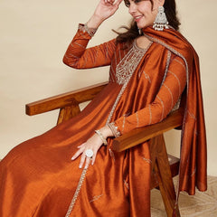 Women Embroidere Silk Straight Kurta Pant Set With Silk Dupatta