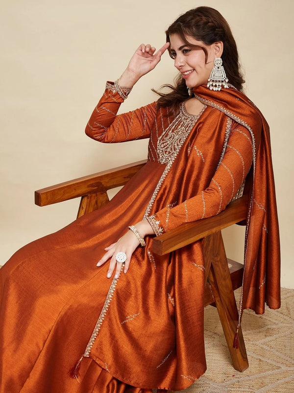 Women Embroidere Silk Straight Kurta Pant Set With Silk Dupatta
