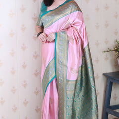 Soft Silk Banarasi Saree with Peacock Butta Meenakari Motifs & Blouse Piece