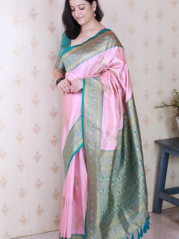 Soft Silk Banarasi Saree with Peacock Butta Meenakari Motifs & Blouse Piece