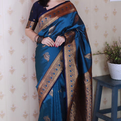 Soft Silk Banarasi Saree with Peacock Butta Meenakari Motifs & Blouse Piece