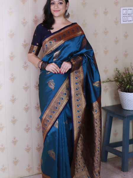 Soft Silk Banarasi Saree with Peacock Butta Meenakari Motifs & Blouse Piece