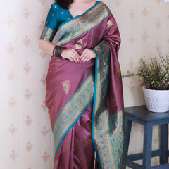 Soft Silk Banarasi Saree with Peacock Butta Meenakari Motifs & Blouse Piece