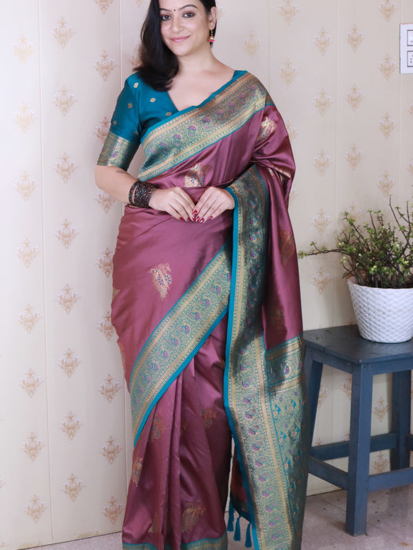Soft Silk Banarasi Saree with Peacock Butta Meenakari Motifs & Blouse Piece