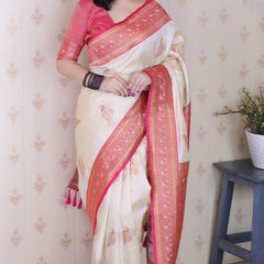 Soft Silk Banarasi Saree with Peacock Butta Meenakari Motifs & Blouse Piece