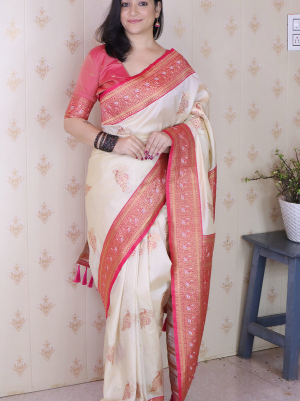 Soft Silk Banarasi Saree with Peacock Butta Meenakari Motifs & Blouse Piece