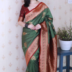 Soft Silk Banarasi Saree with Peacock Butta Meenakari Motifs & Blouse Piece