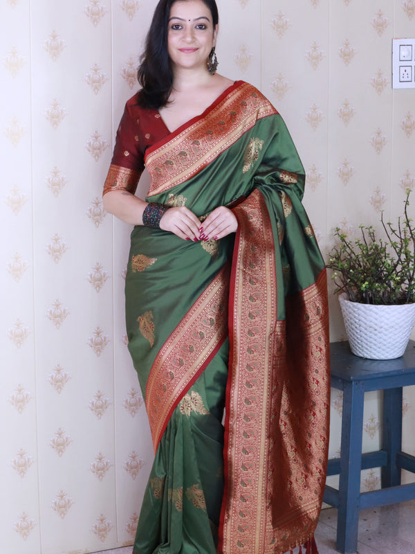 Soft Silk Banarasi Saree with Peacock Butta Meenakari Motifs & Blouse Piece