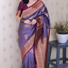 Soft Silk Banarasi Saree with Peacock Butta Meenakari Motifs & Blouse Piece