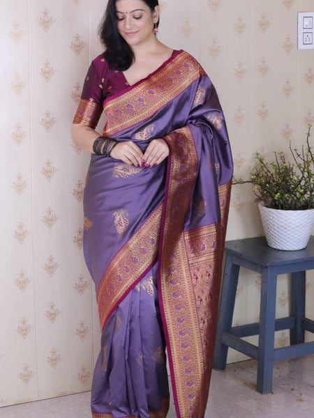Soft Silk Banarasi Saree with Peacock Butta Meenakari Motifs & Blouse Piece