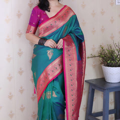 Soft Silk Banarasi Saree with Peacock Butta Meenakari Motifs & Blouse Piece