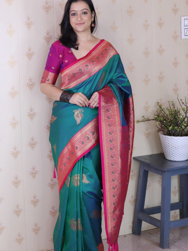 Soft Silk Banarasi Saree with Peacock Butta Meenakari Motifs & Blouse Piece