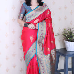 Soft Silk Banarasi Saree with Peacock Butta Meenakari Motifs & Blouse Piece