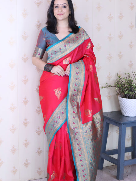 Soft Silk Banarasi Saree with Peacock Butta Meenakari Motifs & Blouse Piece
