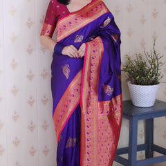 Soft Silk Banarasi Saree with Peacock Butta Meenakari Motifs & Blouse Piece