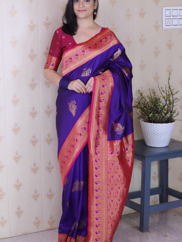 Soft Silk Banarasi Saree with Peacock Butta Meenakari Motifs & Blouse Piece