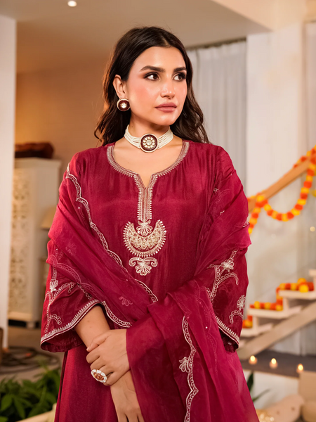 Premium Silk Blend Ethnic Suit Set With Chanderi Dupatta