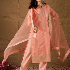 Women's Silk Blend Kurta With Pant & Net Dupatta Set