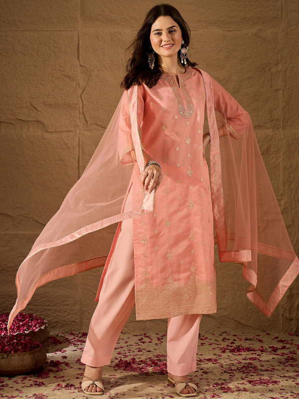 Women's Silk Blend Kurta With Pant & Net Dupatta Set