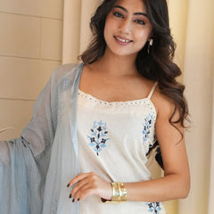 Women’s Cotton Flex Embroidered Kurti With Stitched Bottom & Kota Chex Dupatta Set