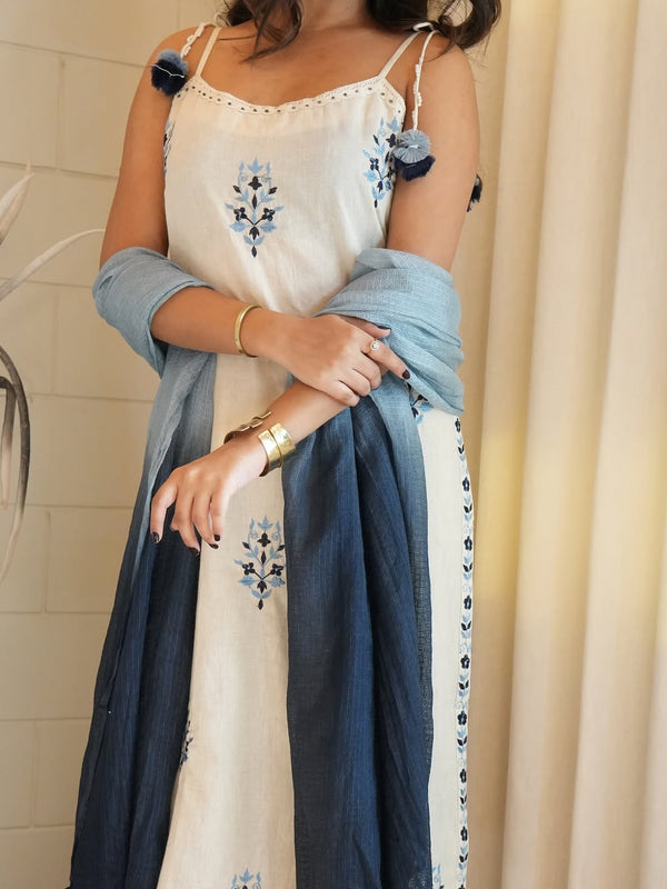 Women’s Cotton Flex Embroidered Kurti With Stitched Bottom & Kota Chex Dupatta Set