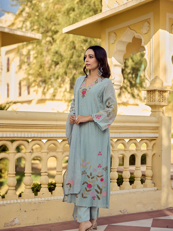 Women's Chanderi Silk Embroidered Kurta Pant Set With Dupatta