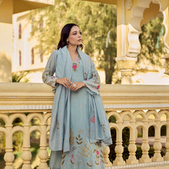 Women's Chanderi Silk Embroidered Kurta Pant Set With Dupatta