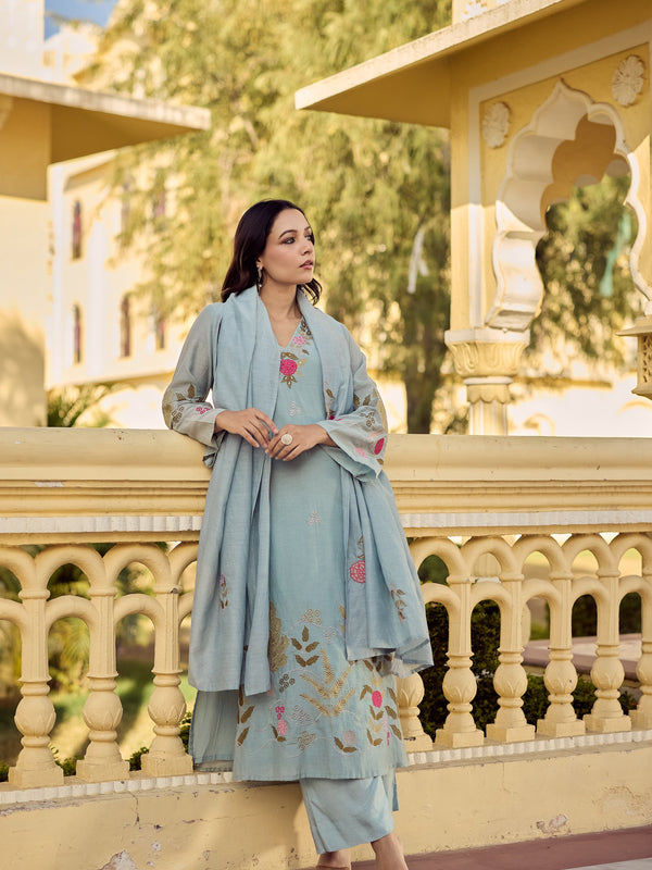 Women's Chanderi Silk Embroidered Kurta Pant Set With Dupatta