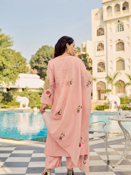 Women's Chanderi Silk Embroidered Kurta Pant Set With Dupatta