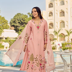 Women's Chanderi Silk Embroidered Kurta Pant Set With Dupatta