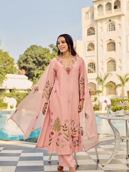 Women's Chanderi Silk Embroidered Kurta Pant Set With Dupatta