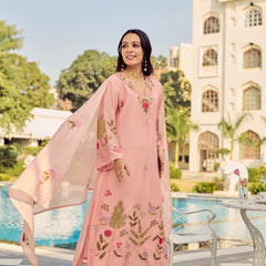 Women's Chanderi Silk Embroidered Kurta Pant Set With Dupatta