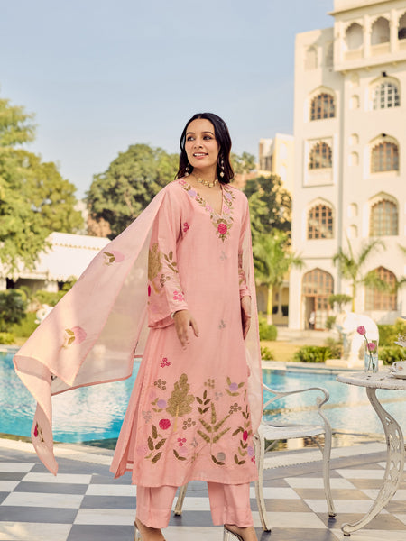 Women's Chanderi Silk Embroidered Kurta Pant Set With Dupatta