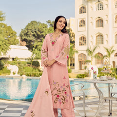 Women's Chanderi Silk Embroidered Kurta Pant Set With Dupatta
