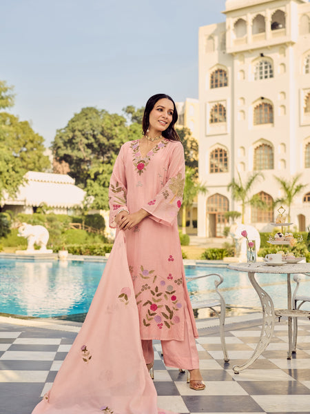 Women's Chanderi Silk Embroidered Kurta Pant Set With Dupatta