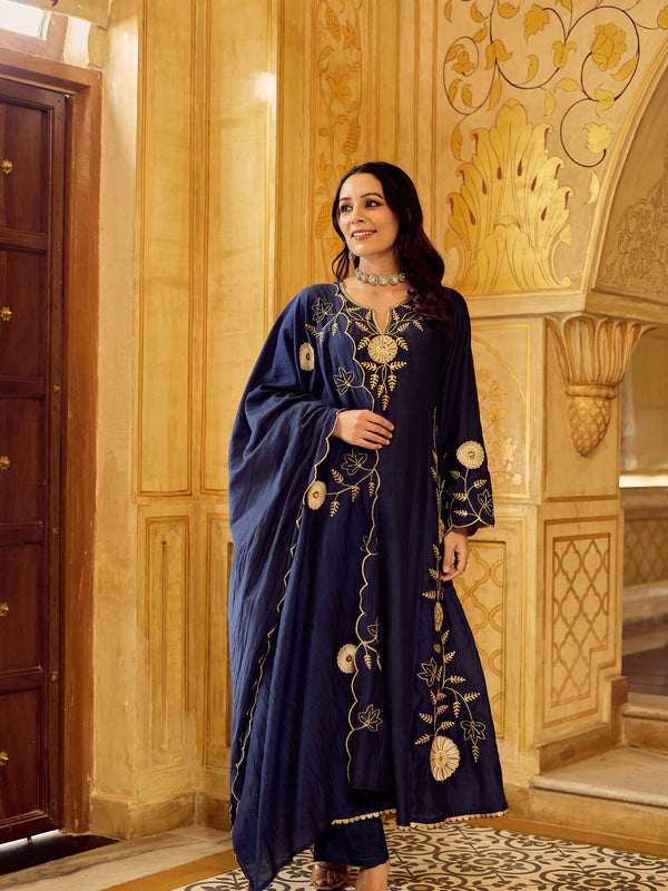 Chanderi Silk Kurta Set With Embroidered Chanderi Dupatta