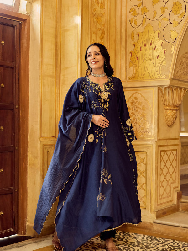 Chanderi Silk Kurta Set With Embroidered Chanderi Dupatta