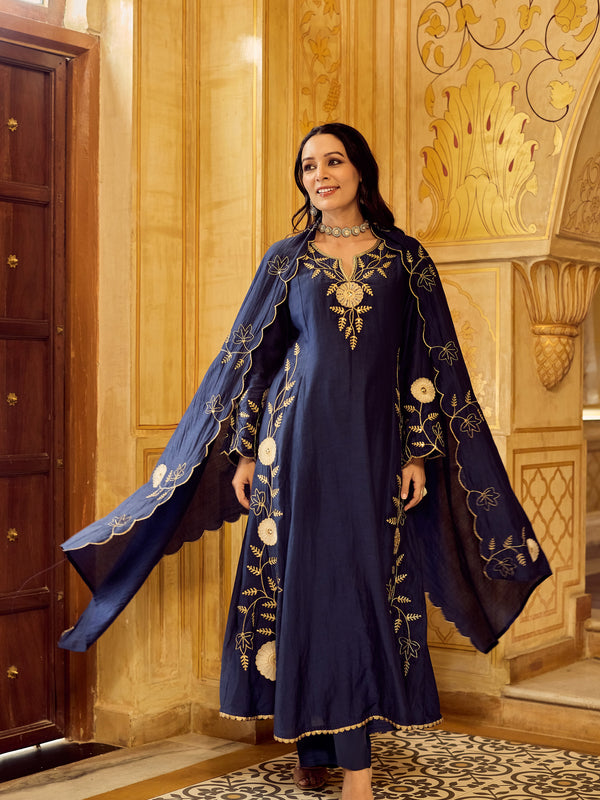 Chanderi Silk Kurta Set With Embroidered Chanderi Dupatta
