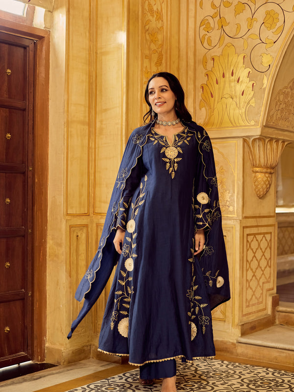 Chanderi Silk Kurta Set With Embroidered Chanderi Dupatta