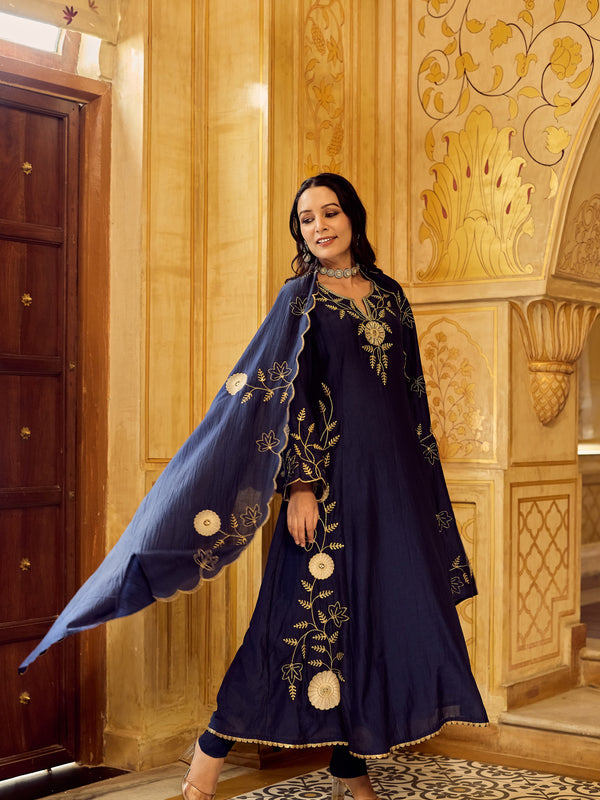 Chanderi Silk Kurta Set With Embroidered Chanderi Dupatta