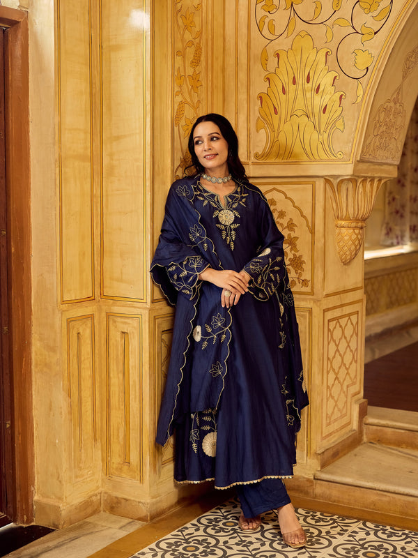 Chanderi Silk Kurta Set With Embroidered Chanderi Dupatta
