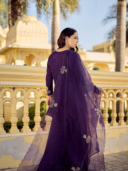 Chanderi Silk Embroidered Kurta Plazzo Set with Organza Dupatta