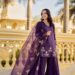 Chanderi Silk Embroidered Kurta Plazzo Set with Organza Dupatta