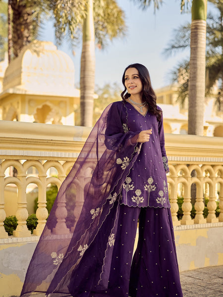 Chanderi Silk Embroidered Kurta Plazzo Set with Organza Dupatta