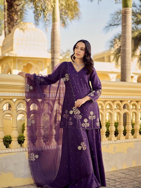 Chanderi Silk Embroidered Kurta Plazzo Set with Organza Dupatta